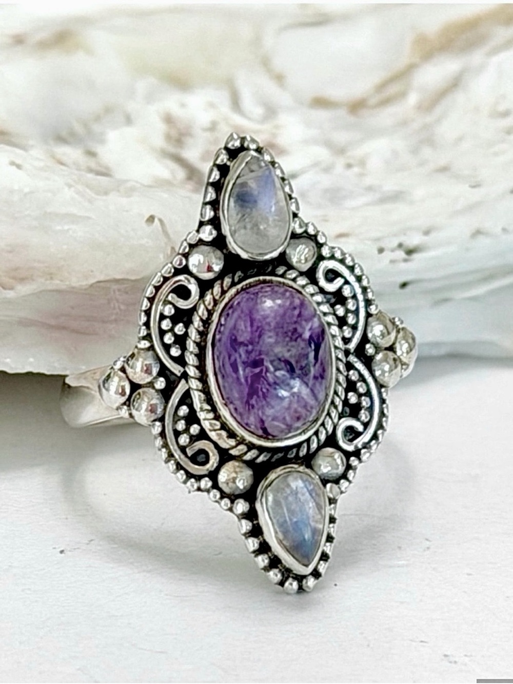 Siberian Charoite & Rainbow Moonstone Sterling Silver Ring